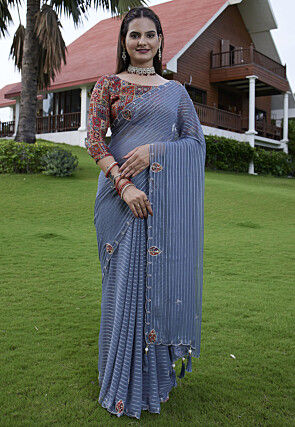 Woven Georgette Jacquard Scalloped Saree in Blue