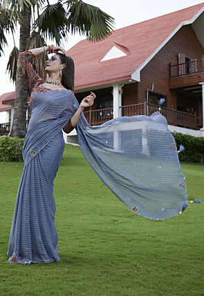 Woven Georgette Jacquard Scalloped Saree in Blue