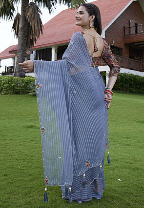 Woven Georgette Jacquard Scalloped Saree in Blue