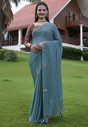 Woven Georgette Jacquard Scalloped Saree in Dusty Blue