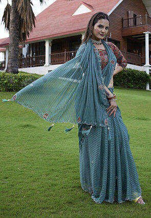 Woven Georgette Jacquard Scalloped Saree in Dusty Blue
