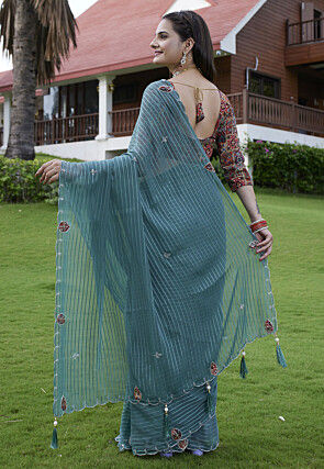 Woven Georgette Jacquard Scalloped Saree in Dusty Blue