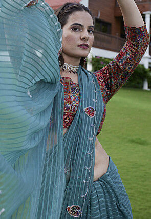 Woven Georgette Jacquard Scalloped Saree in Dusty Blue