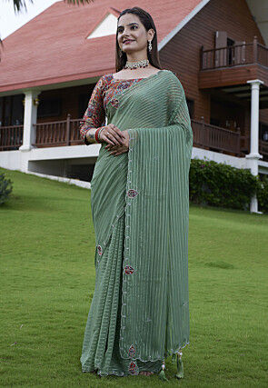 Woven Georgette Jacquard Scalloped Saree in Dusty Green