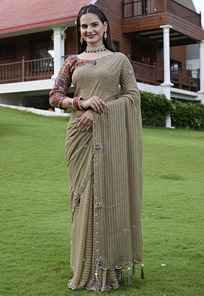 Woven Georgette Jacquard Scalloped Saree in Fawn