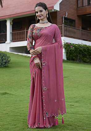 Woven Georgette Jacquard Scalloped Saree in Pink