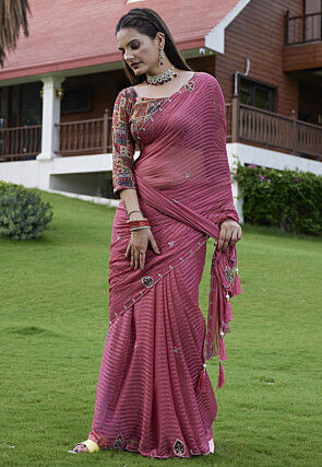 Woven Georgette Jacquard Scalloped Saree in Pink