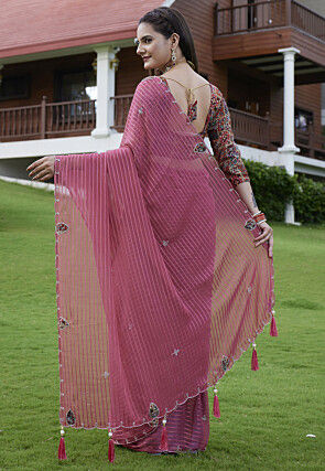 Woven Georgette Jacquard Scalloped Saree in Pink
