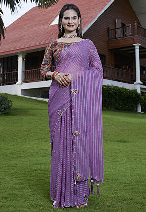 Woven Georgette Jacquard Scalloped Saree in Purple