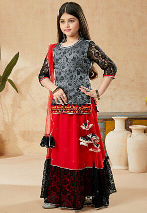 Woven Georgette Lehenga in Red
