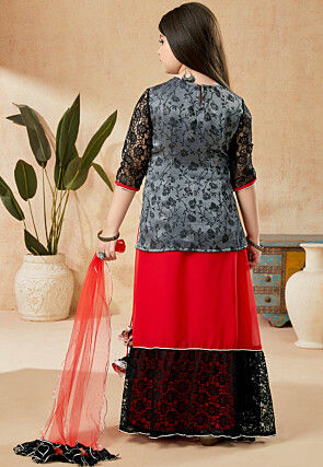 Woven Georgette Lehenga in Red