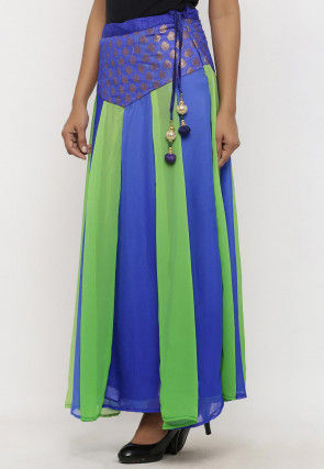 Woven Georgette Panelled Skirt in Blue and Green