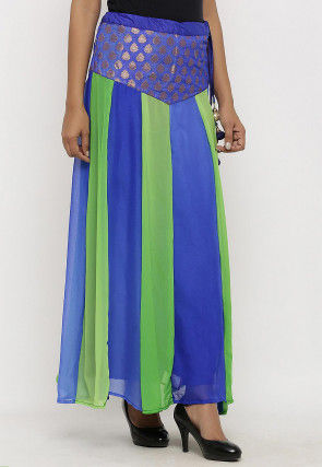 Woven Georgette Panelled Skirt in Blue and Green