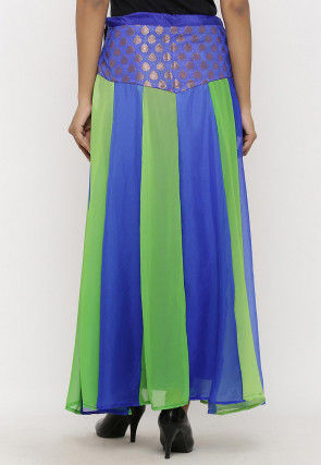 Woven Georgette Panelled Skirt in Blue and Green