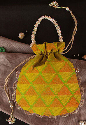 Woven Georgette Potli Bag in Green