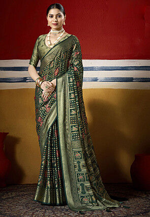 Woven Georgette Saree in Dark Olive Green