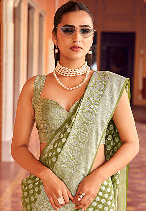 Woven Georgette Saree in Dusty Green
