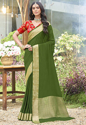 Woven Georgette Saree in Olive Green