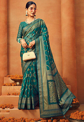 Woven Georgette Saree in Teal Blue