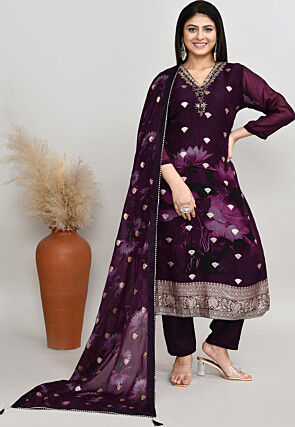 Woven Georgette Silk Pakistani Suit in Wine