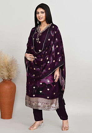 Woven Georgette Silk Pakistani Suit in Wine