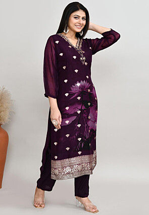 Woven Georgette Silk Pakistani Suit in Wine