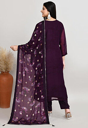 Woven Georgette Silk Pakistani Suit in Wine