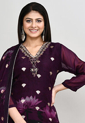 Woven Georgette Silk Pakistani Suit in Wine