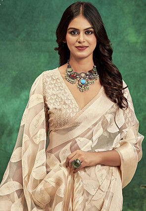 Woven Georgette Silk Brasso Saree in Beige