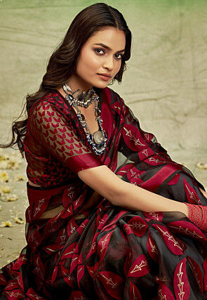 Woven Georgette Silk Brasso Saree in Black