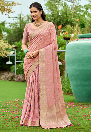 Woven Georgette Silk Saree in Peach