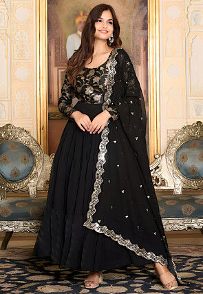 Woven Georgette Tiered Abaya Style Suit in Black
