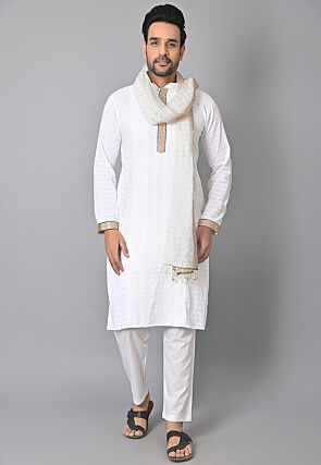 Woven Jacquard Cotton Kurta Set in White