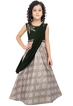 Woven Jacquard Gown with Attached Dupatta in Grey and Green