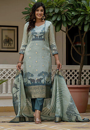 Woven Jacquard Silk Pakistani Suit in Light Blue
