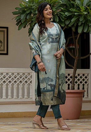 Woven Jacquard Silk Pakistani Suit in Light Blue