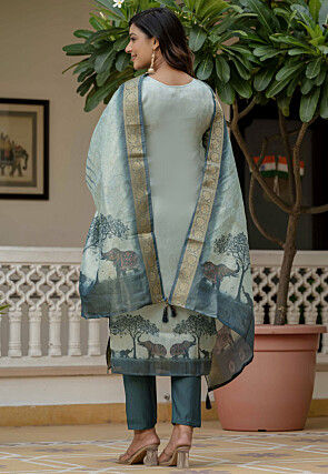 Woven Jacquard Silk Pakistani Suit in Light Blue
