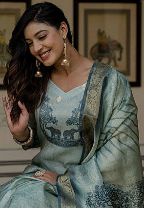 Woven Jacquard Silk Pakistani Suit in Light Blue