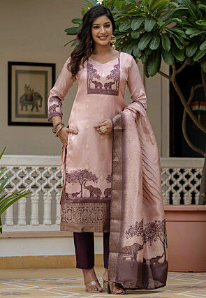 Woven Art Silk Jacquard Pakistani Suit in Peach