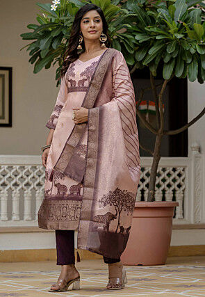Woven Art Silk Jacquard Pakistani Suit in Peach