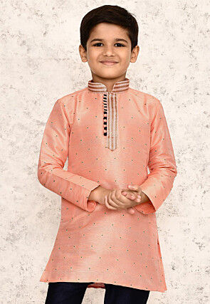 Woven Jute Silk Jacquard Kurta in Peach