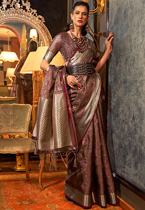 Woven Kora Silk Saree in Old Rose