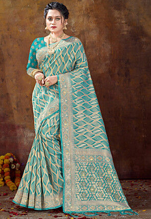 Woven Kora Silk Saree in Turquoise