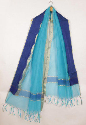 Woven Kota Doria Dupatta in Turquoise and Navy Blue