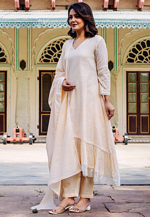 Woven Kota Doria Jacquard A Line Suit in Light Beige