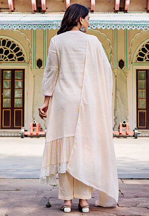 Woven Kota Doria Jacquard A Line Suit in Light Beige