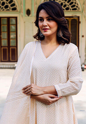 Woven Kota Doria Jacquard A Line Suit in Light Beige