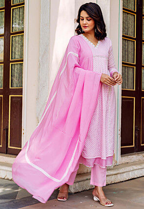 Woven Kota Doria Jacquard A Line Suit in Pink