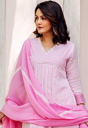 Woven Kota Doria Jacquard A Line Suit in Pink