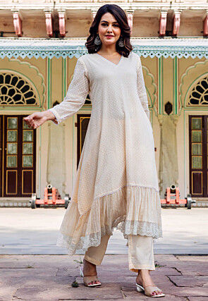 Woven Kota Doria Jacquard Asymmetric Set in Light Beige